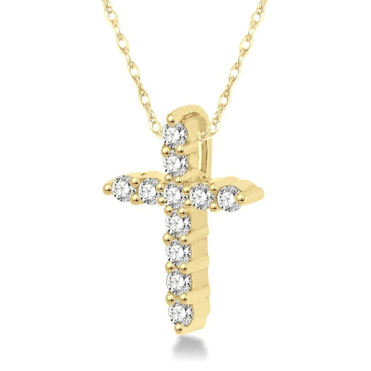 1/20 Ctw Round Cut Diamond Cross Petite Pendant in 14K Yellow Gold with Chain