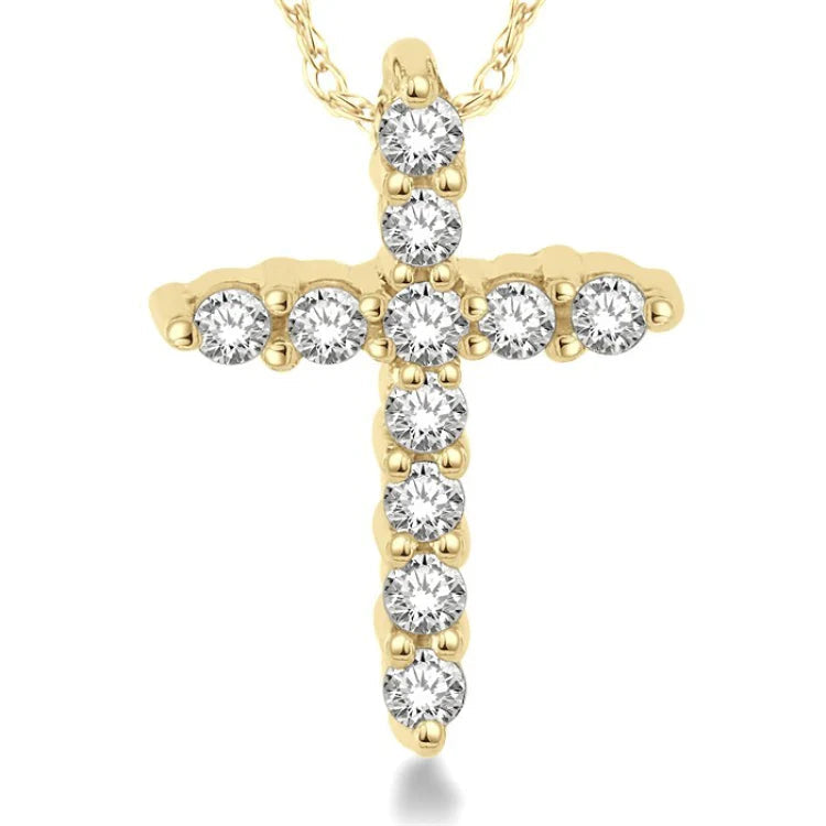1/20 Ctw Round Cut Diamond Cross Petite Pendant in 14K Yellow Gold with Chain