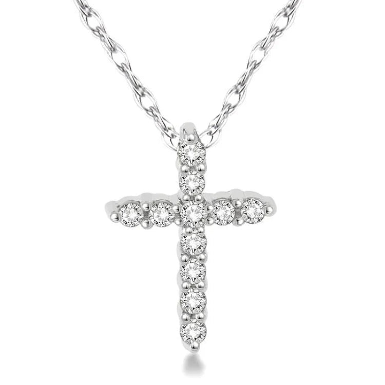 1/20 Ctw Round Cut Diamond Cross Petite Pendant in 14K White Gold with Chain