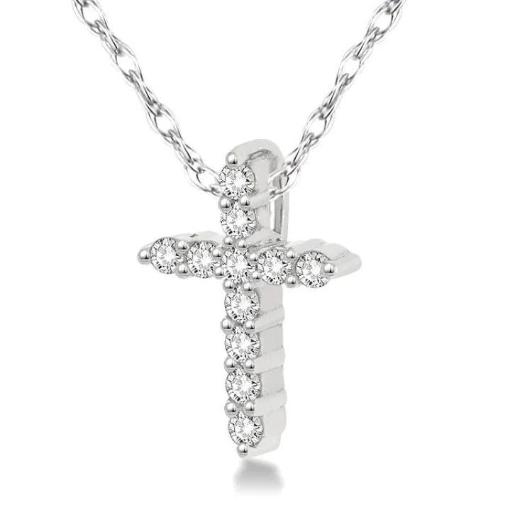 1/20 Ctw Round Cut Diamond Cross Petite Pendant in 14K White Gold with Chain
