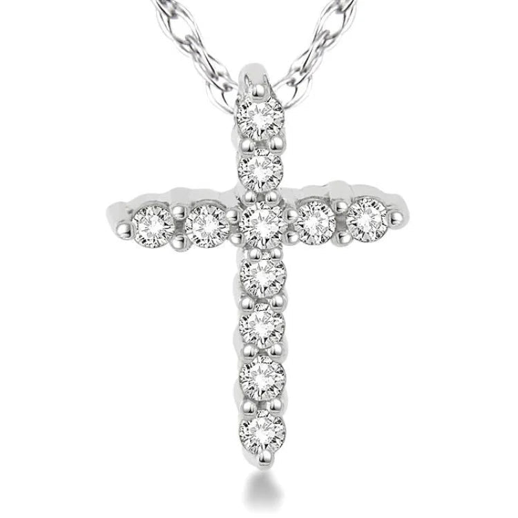 1/20 Ctw Round Cut Diamond Cross Petite Pendant in 14K White Gold with Chain