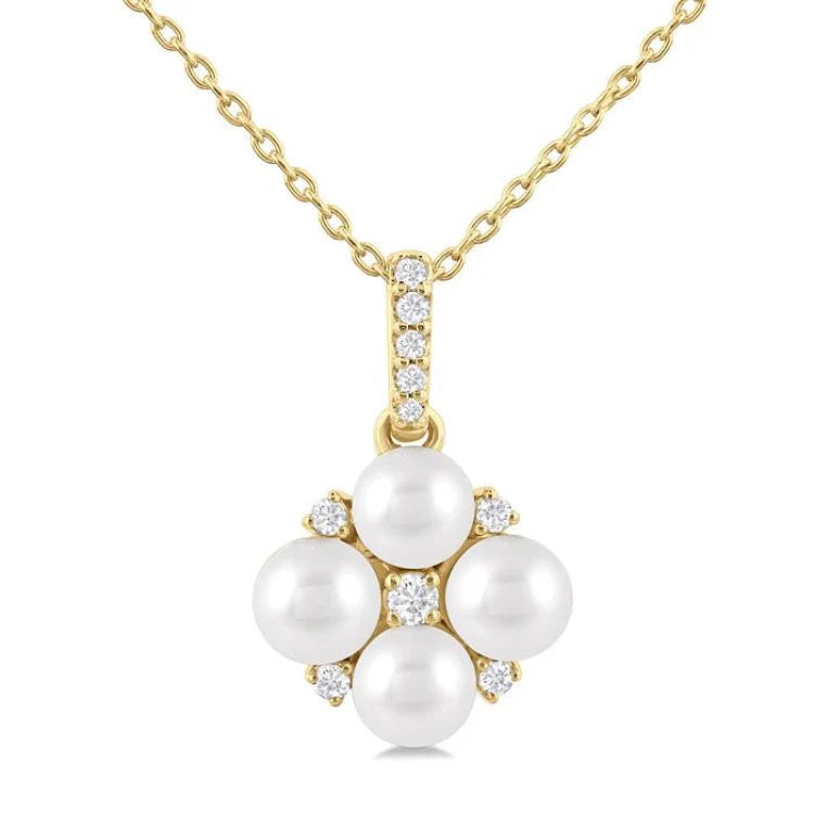 4 MM Floral Round Shape Cultured Pearl and 1/10 Ctw Round Cut Diamond Fashion Pendant With Chain in 10K Yellow Gold