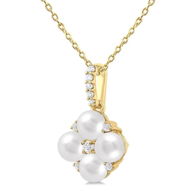 4 MM Floral Round Shape Cultured Pearl and 1/10 Ctw Round Cut Diamond Fashion Pendant With Chain in 10K Yellow Gold