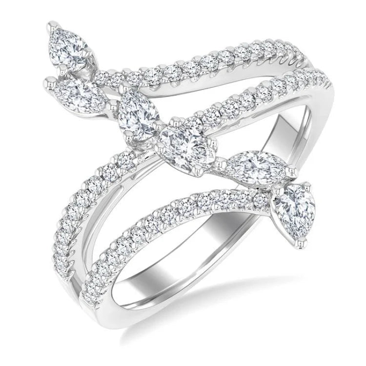 3/4 Ctw Three-Way Split Shank Mixed Diamond Cut Fashion Ring in 14K White Gold