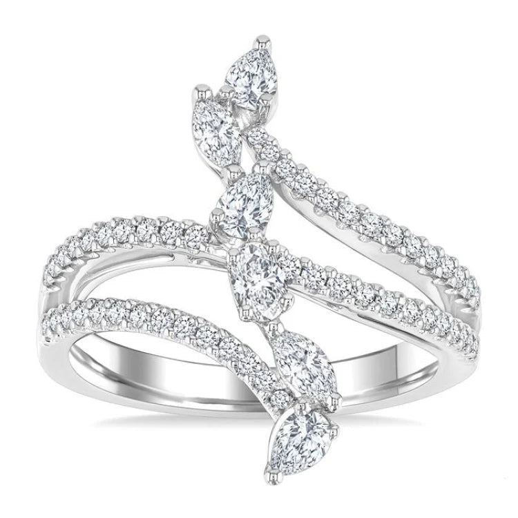 3/4 Ctw Three-Way Split Shank Mixed Diamond Cut Fashion Ring in 14K White Gold