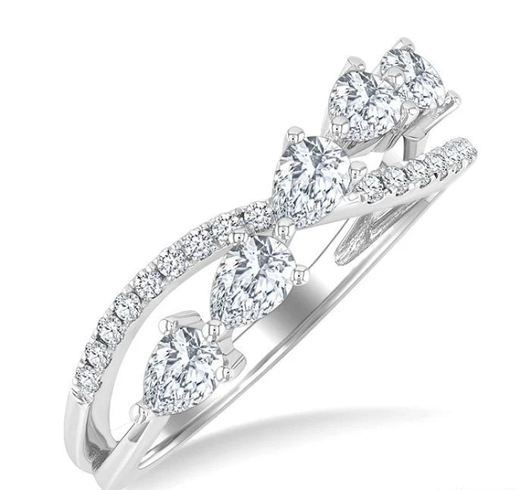 7/8 Ctw Split Criss Cross Pear and Round Cut Diamond Fashion Ring in 14K White Gold