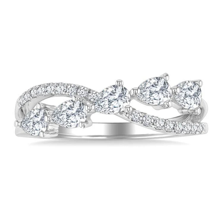 7/8 Ctw Split Criss Cross Pear and Round Cut Diamond Fashion Ring in 14K White Gold