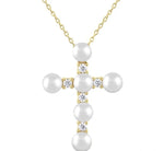 Load image into Gallery viewer, 4 MM Cross Cultured Pearl and 1/6 Ctw Round Cut Diamond Fashion Pendant With Chain in 10K Yellow Gold