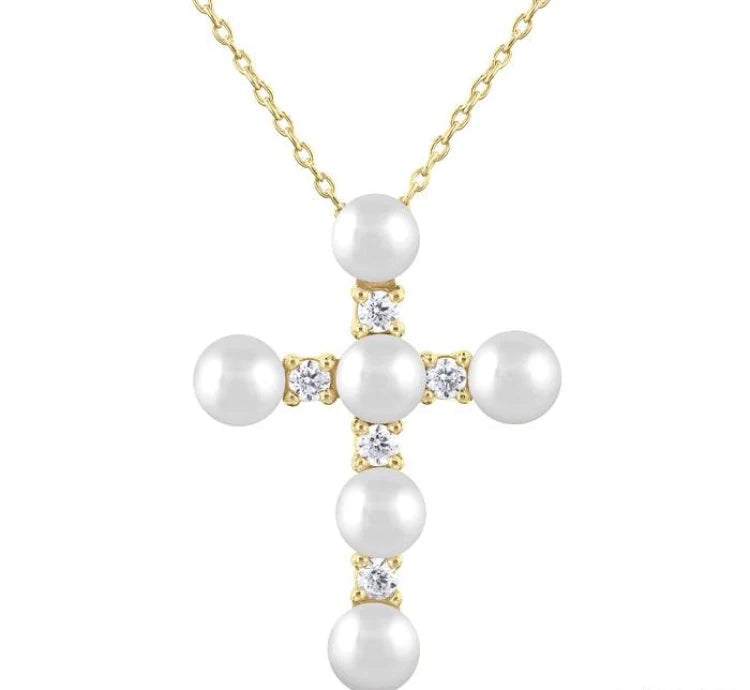 4 MM Cross Cultured Pearl and 1/6 Ctw Round Cut Diamond Fashion Pendant With Chain in 10K Yellow Gold