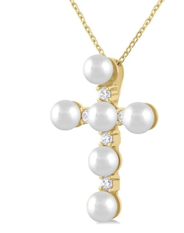 4 MM Cross Cultured Pearl and 1/6 Ctw Round Cut Diamond Fashion Pendant With Chain in 10K Yellow Gold