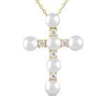 Load image into Gallery viewer, 4 MM Cross Cultured Pearl and 1/6 Ctw Round Cut Diamond Fashion Pendant With Chain in 10K Yellow Gold