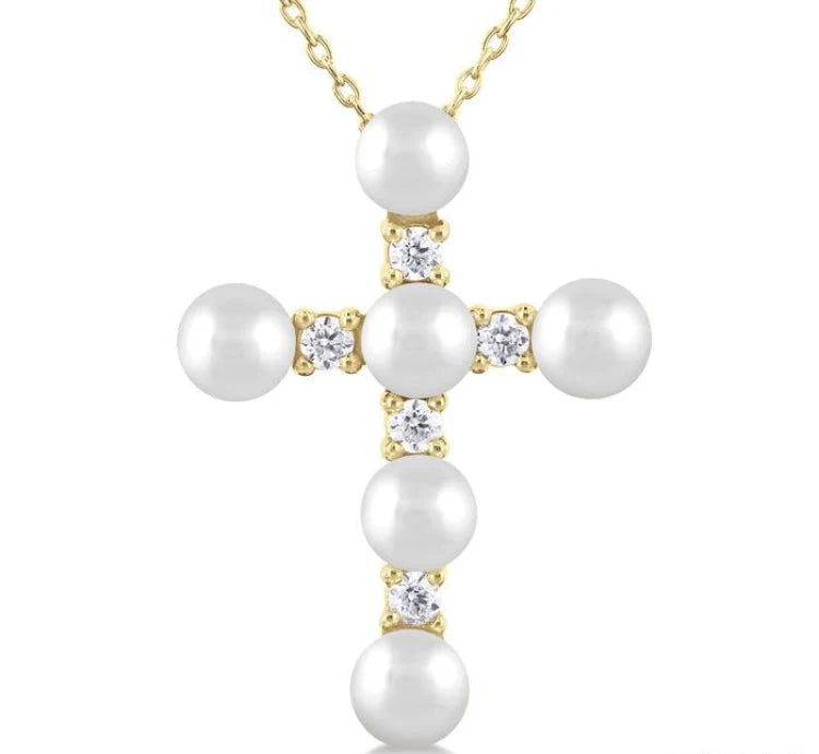 4 MM Cross Cultured Pearl and 1/6 Ctw Round Cut Diamond Fashion Pendant With Chain in 10K Yellow Gold