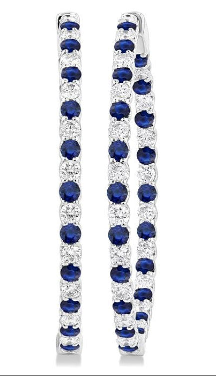 2.5 MM Round Cut Sapphire and 2 1/2 Ctw Round Cut Diamond Precious Inside-Out Alternating Hoop Earrings in 14K White Gold