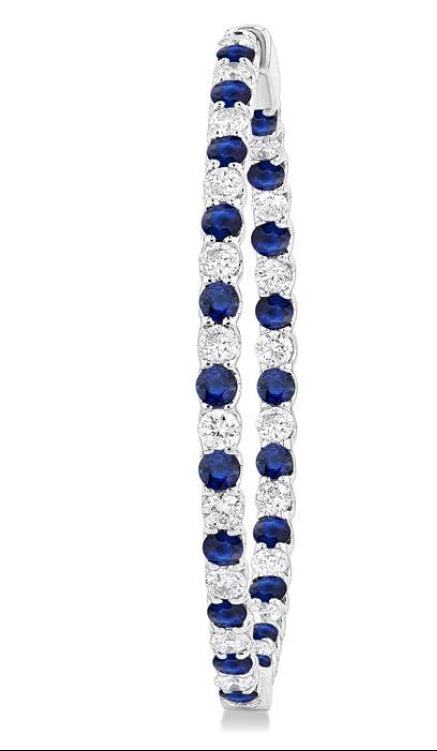 2.5 MM Round Cut Sapphire and 2 1/2 Ctw Round Cut Diamond Precious Inside-Out Alternating Hoop Earrings in 14K White Gold