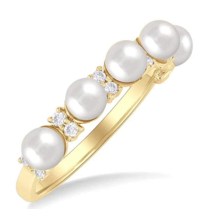 4 MM Round Shape Cultured Pearl and 1/6 Ctw Round Cut Diamond Semi-Precious Fashion Ring in 10K Yellow Gold