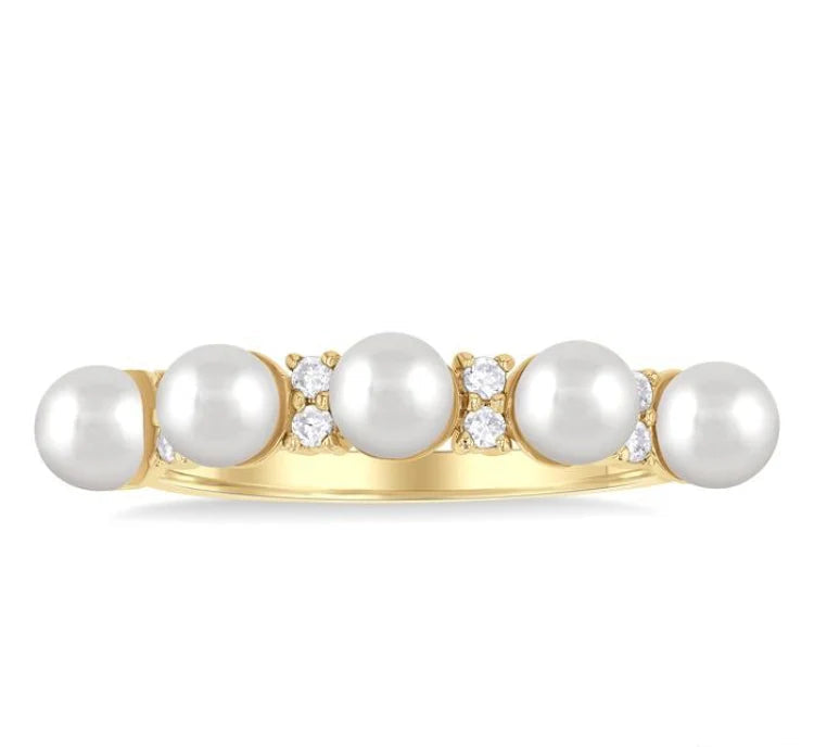 4 MM Round Shape Cultured Pearl and 1/6 Ctw Round Cut Diamond Semi-Precious Fashion Ring in 10K Yellow Gold