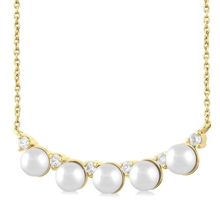 4.5 MM Round Shape Cultured Pearl and 1/6 Ctw Smile Round Cut Diamond Necklace in 10K Yellow Gold