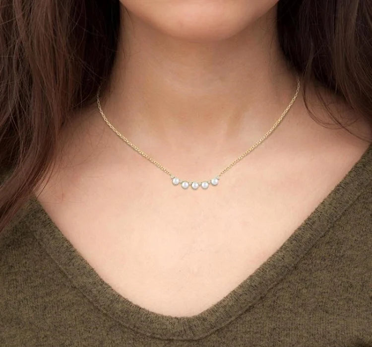 4.5 MM Round Shape Cultured Pearl and 1/6 Ctw Smile Round Cut Diamond Necklace in 10K Yellow Gold