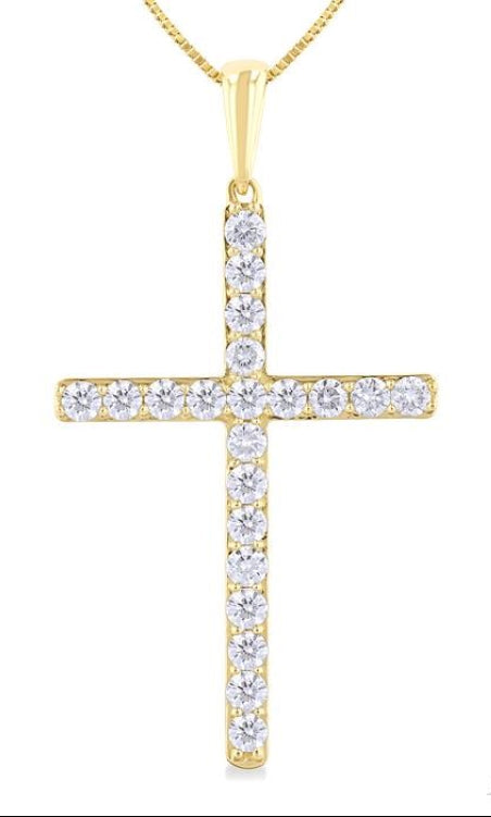 1/2 Ctw Round Cut Diamond Prong Set 1-Inch Plate Cross Pendant With Chain in 14K Yellow Gold
