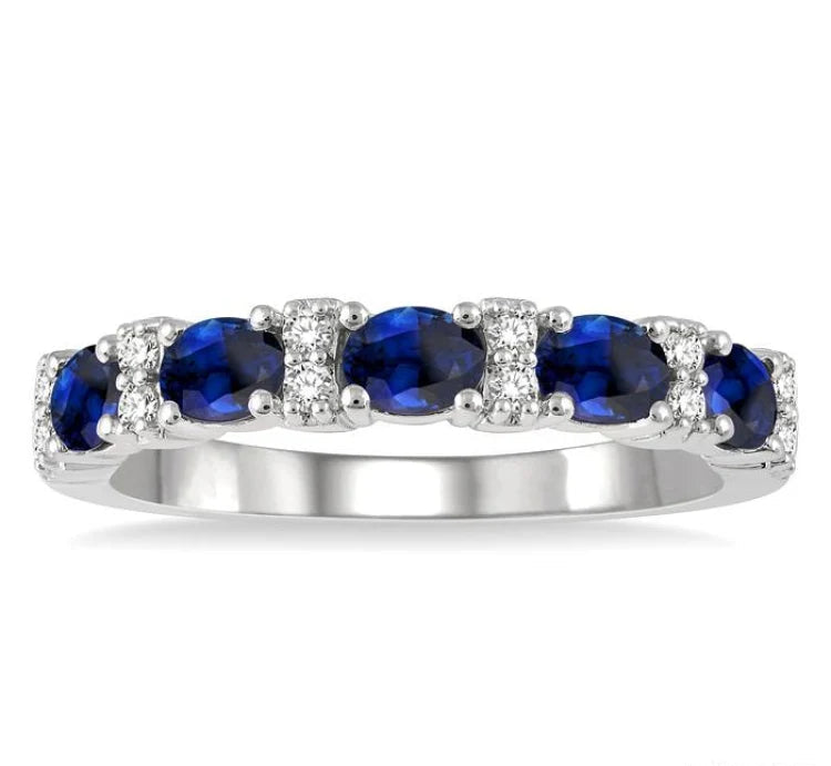4x3 MM Oval Shape Sapphire and 1/6 Ctw Round Cut Diamond Precious Band in 14K White Gold