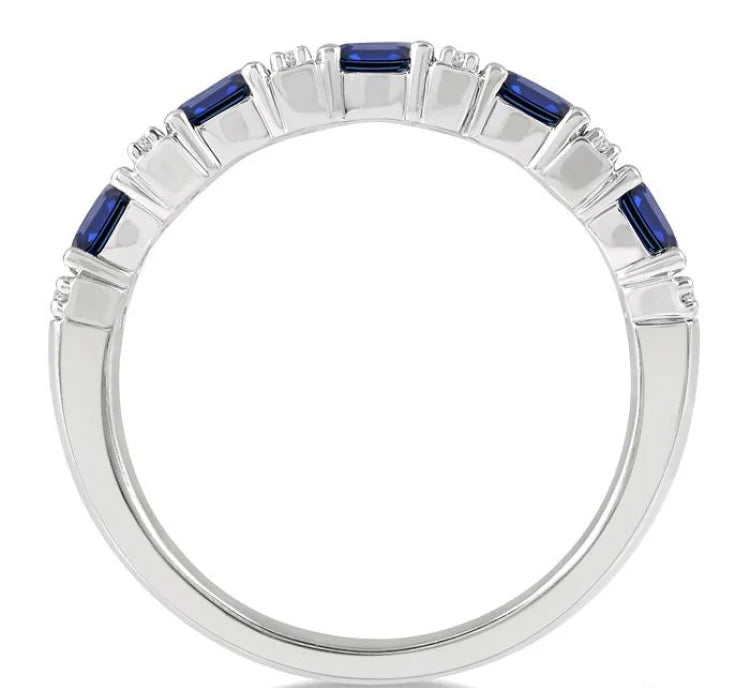 4x3 MM Oval Shape Sapphire and 1/6 Ctw Round Cut Diamond Precious Band in 14K White Gold