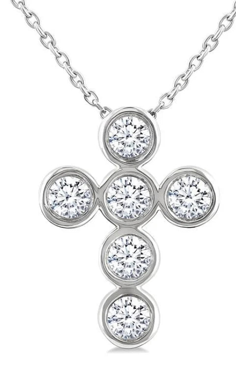 1/2 Ctw Round Cut Diamond 6-Stone Bezel Set Cross Pendant With Chain in 14K White Gold