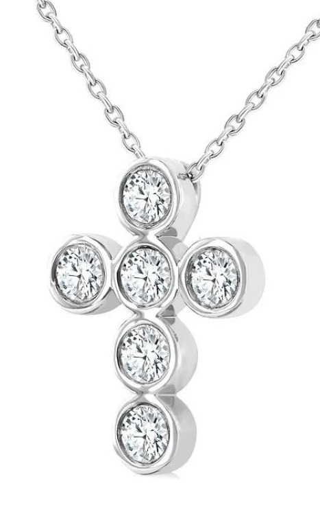 1/2 Ctw Round Cut Diamond 6-Stone Bezel Set Cross Pendant With Chain in 14K White Gold