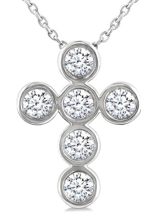 1/2 Ctw Round Cut Diamond 6-Stone Bezel Set Cross Pendant With Chain in 14K White Gold