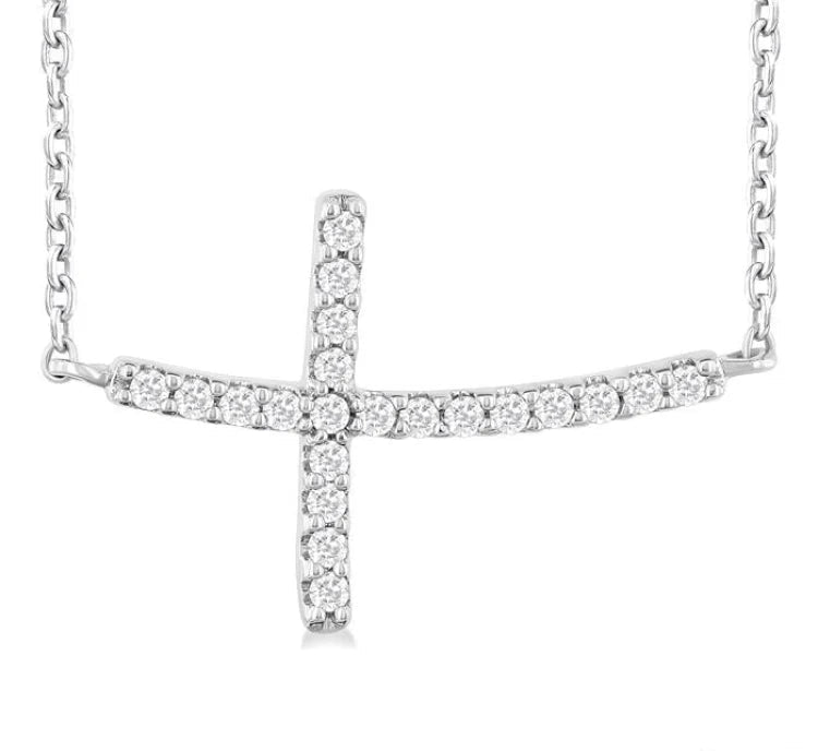 1/10 Ctw Petite Sideways Cross Round Cut Diamond Fashion Pendant With Chain in 10K White Gold