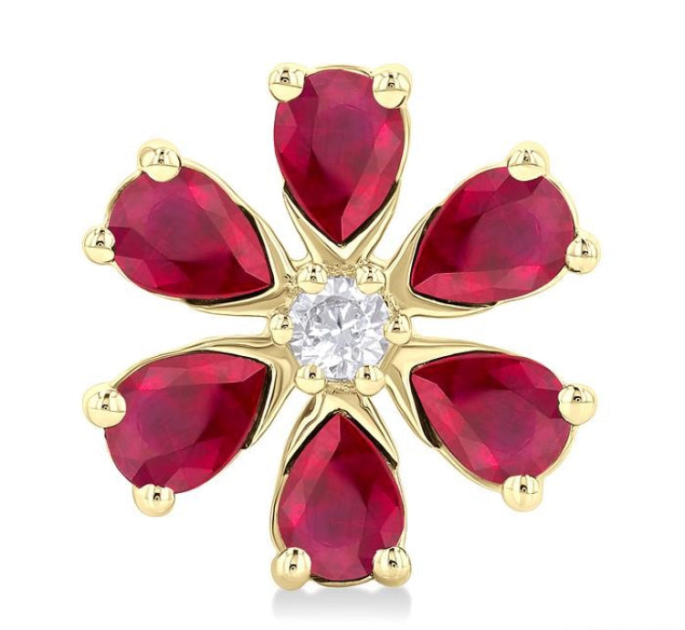 4X3 MM Floral Blossom Pear Cut Ruby and 1/10 Ctw Round Cut Diamond Precious Stud Earring in 14K Yellow Gold
