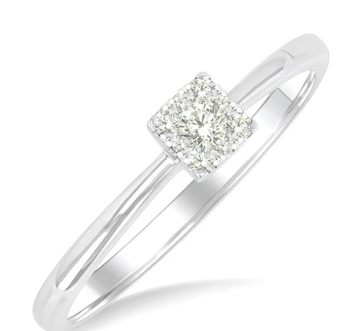 1/10 Ctw Lovebright Petite Square Shape Round Cut Diamond Fashion Ring in 10K White Gold