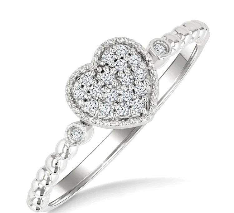 1/8 Ctw Petite Bead Shank Heart Motif Round Cut Diamond Fashion Ring in 10K White Gold