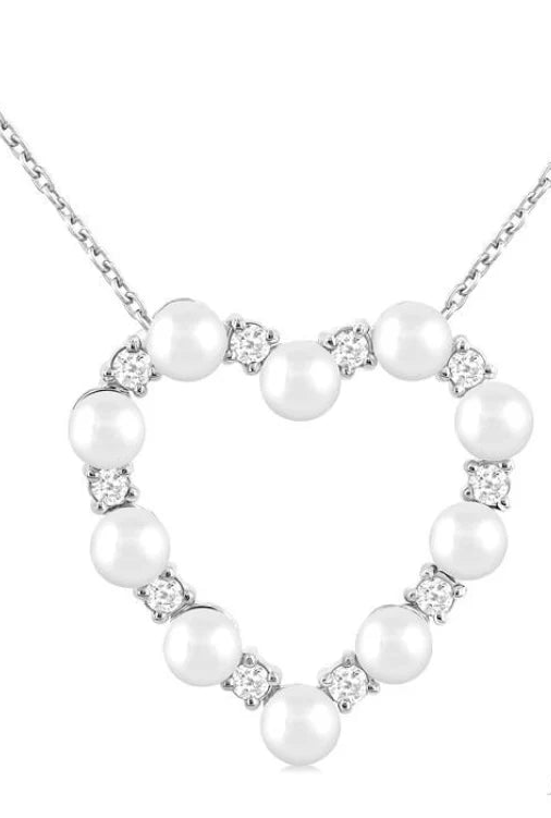 3 MM Round Shape Cultured Pearl and 1/5 Ctw Round Cut Diamond Heart Shape Pendant With Chain in 14K White Gold