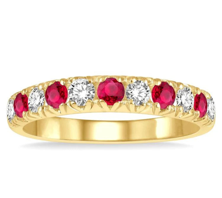 2.6 MM Ruby and 3/8 Ctw Round Cut Diamond Precious Wedding Band in 14K Yellow Gold