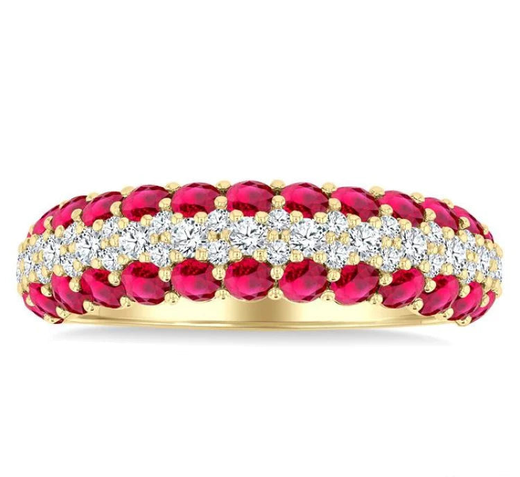2.4 MM Center Border Round Shape Ruby and 1/2 Ctw Round Cut Diamond Precious Band in 14K Yellow Gold