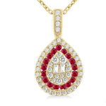 Load image into Gallery viewer, 1.25 MM &amp; 1.45 MM Pear Shape Ruby and 1/4 Ctw Baguette and Round Cut Diamond Precious Pendant With Chain in 14K Yellow Gold