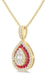 Load image into Gallery viewer, 1.25 MM &amp; 1.45 MM Pear Shape Ruby and 1/4 Ctw Baguette and Round Cut Diamond Precious Pendant With Chain in 14K Yellow Gold