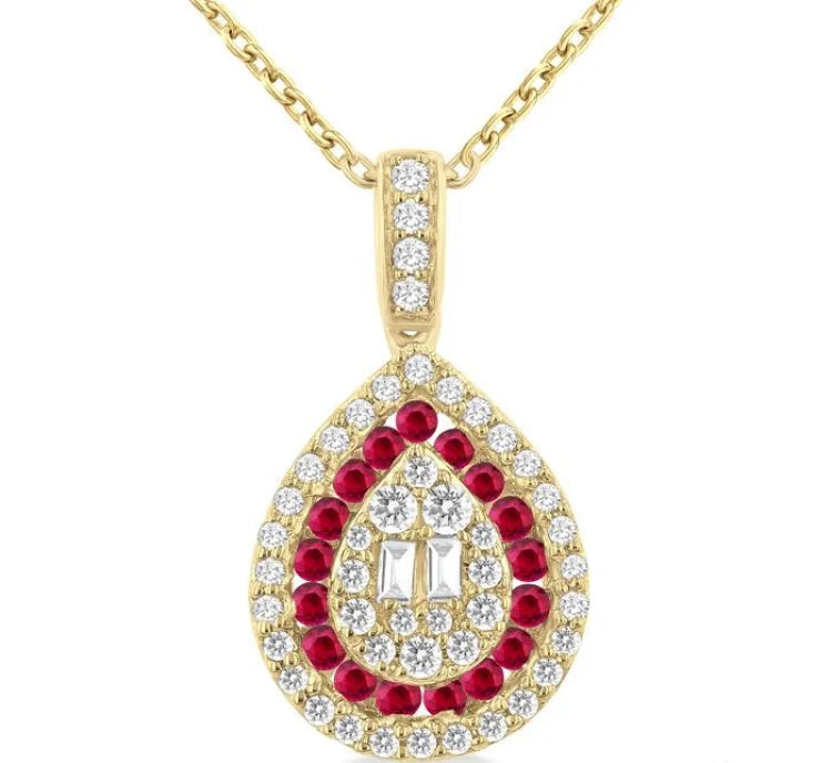 1.25 MM & 1.45 MM Pear Shape Ruby and 1/4 Ctw Baguette and Round Cut Diamond Precious Pendant With Chain in 14K Yellow Gold