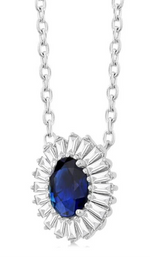 Load image into Gallery viewer, 1/3 Ctw Oval Cut 6X4MM Sapphire and Baguette Cut Diamond Halo Precious Pendant With Chain in 14K White Gold