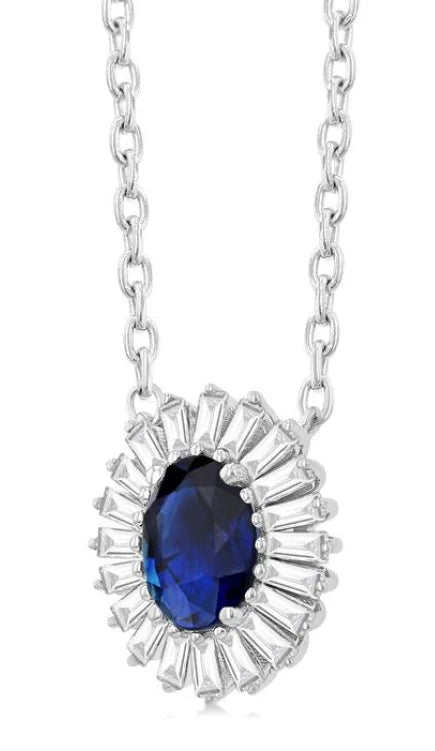 1/3 Ctw Oval Cut 6X4MM Sapphire and Baguette Cut Diamond Halo Precious Pendant With Chain in 14K White Gold