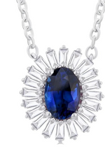 Load image into Gallery viewer, 1/3 Ctw Oval Cut 6X4MM Sapphire and Baguette Cut Diamond Halo Precious Pendant With Chain in 14K White Gold