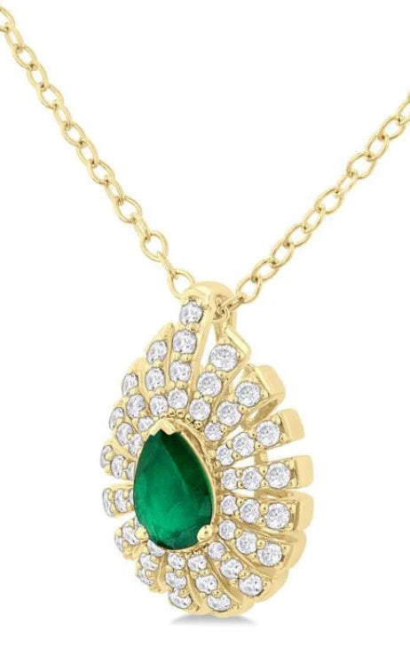1/3 Ctw Starburst 6X4MM Pear Cut Emerald and Round Cut Diamond Precious Pendant With Chain in 14K Yellow Gold
