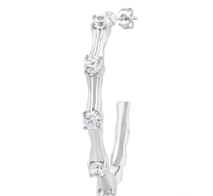 1/3 Ctw Bamboo Shoot Inspired Round Cut Diamond Fashion Half Hoop Earring in 14K White Gold