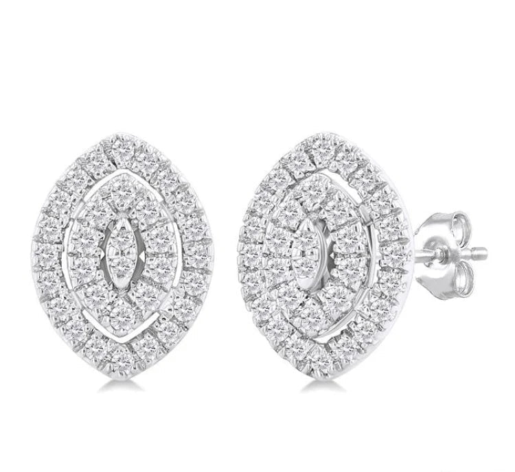 1/5 Ctw Double Halo Marquise Shape Petite Round Cut Diamond Fashion Stud Earring in 10K White Gold