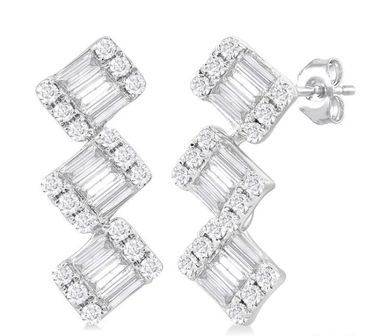 1/3 Ctw Zig-Zag Fusion Baguette and Round Cut Diamond Fashion Earrings in 10K White Gold
