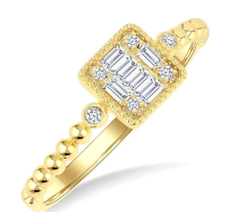 1/8 Ctw Petite Bead Shank Square Shape Center Round Cut Diamond Fashion Ring in 10K Yellow Gold
