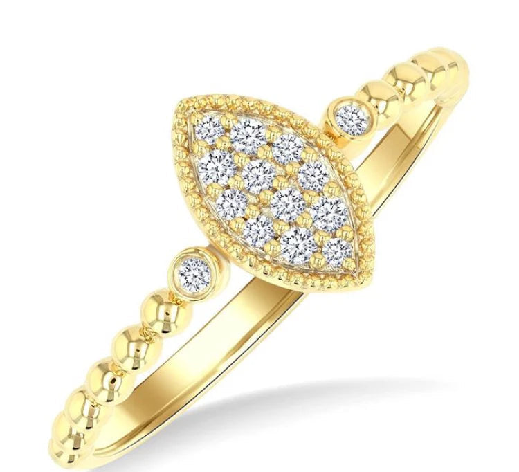 1/8 Ctw Petite Bead Shank Marquise Shape Center Round Cut Diamond Fashion Ring in 10K Yellow Gold