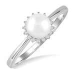 Load image into Gallery viewer, 6 MM Round Shape Cultured Pearl and 1/10 Ctw Petite Round Cut Diamond Floral Halo Fashion Ring in 10K White Gold