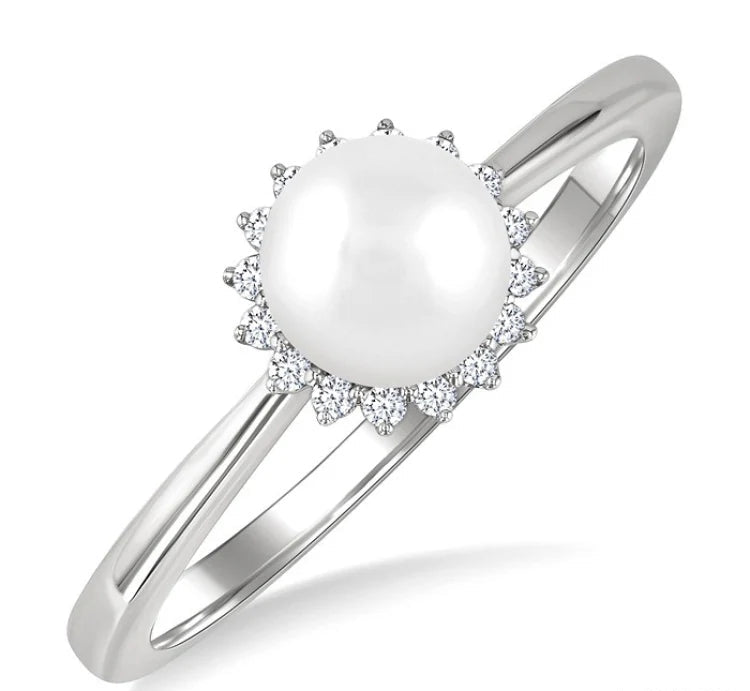 6 MM Round Shape Cultured Pearl and 1/10 Ctw Petite Round Cut Diamond Floral Halo Fashion Ring in 10K White Gold
