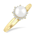 Load image into Gallery viewer, 6 MM Round Shape Cultured Pearl and 1/10 Ctw Petite Round Cut Diamond Sunburst Halo Fashion Ring in 10K Yellow Gold